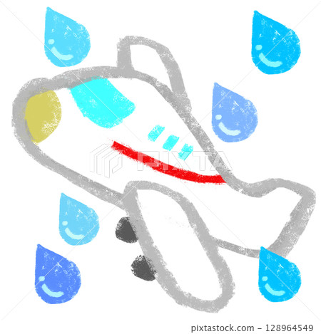 Simple illustration, crayon touch, airplane flying in bad weather 128964549