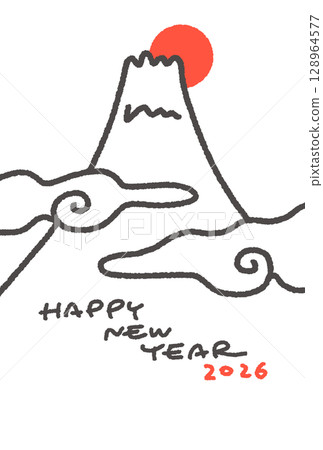 2026 年新年賀卡模板，手繪簡單的富士山和日出線條圖 128964577