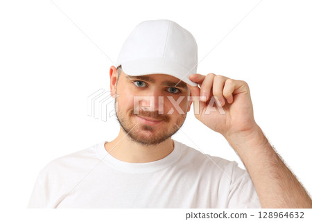 Man in white cap and shirt, smiling, isolated on white, PNG Man in white cap and shirt, smiling, isolated on white, PNG 128964632