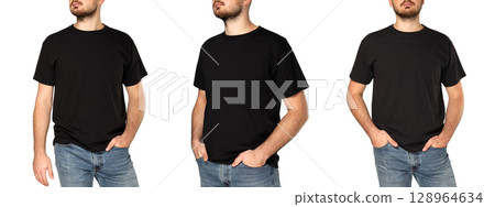 Black t-shirt model shown from all angles, isolated on white, PNG 128964634