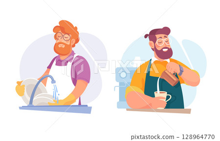 Baristas Brewing Coffee and Washing Dishes in a Trendy Caf 128964770