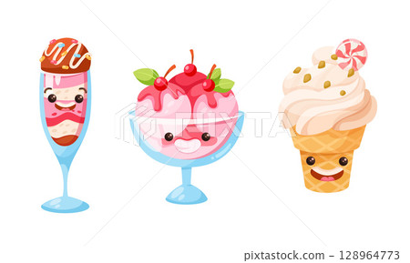 Experience Delightful Ice Cream Desserts Beautifully Crafted in Cute Cartoon Style Designs 128964773