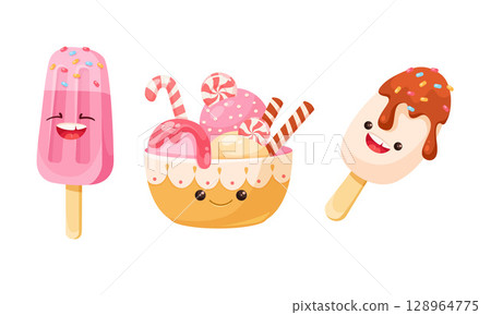 Adorable and Delectable Ice Cream Treats Illustrated in a Colorful Cartoon Style 128964775