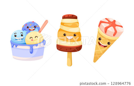 Delicious and vibrant Cartoon Ice Cream Treats that are perfect for Summer Fun and enjoyment Delicious and vibrant Cartoon Ice Cream Treats that are perfect for Summer Fun and enjoyment 128964776