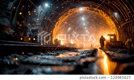 Worker welds heavy equipment in underground mining tunnel, with glowing sparks illuminating dark, gritty environment 128965025