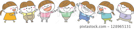 排成一列微笑的孩子的托兒所和學前插圖 | 向量素材 128965131
