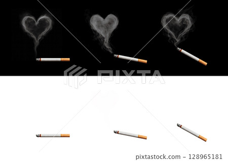 Realistic smoke with cigarette and heart shape. Set on black background and transparent background. 128965181