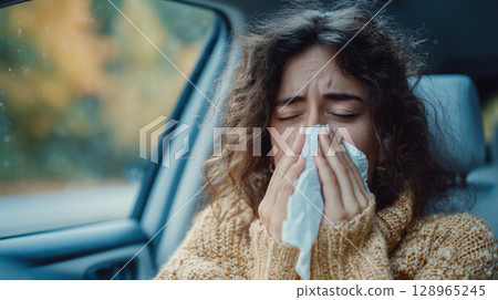Woman with curly hair sneezes into tissue while sitting in car, wearing cozy sweater 128965245