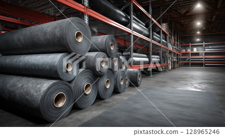 Industrial warehouse interior with large rolls of black material stacked on shelves, synthetic, neoprene, silicone showcasing organized and spacious environment 128965246