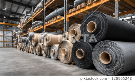 Large rolls of industrial material sheets of synthetic, neoprene, silicone are stored in spacious warehouse, showcasing organized and efficient storage system 128965248