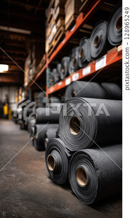 Large rolls of heavy duty rubber sheets are stacked on metal shelves in industrial warehouse, ready for fabrication, synthetic, neoprene, silicone 128965249
