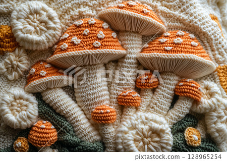 Crisp details. Trending in fashion. Crochet details of mushrooms pattern on a modern garment. Autumn atmosphere in clothes. Crisp details. Trending in fashion. Crochet details of mushrooms pattern on a modern garment. Autumn atmosphere in clothes. 128965254