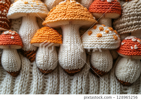 Rustic Charm. Crocheted bright mushrooms on a white background. Autumn atmosphere. Creative hobby. 128965256