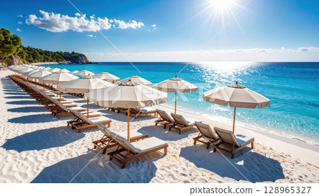 AI image: Image of a beach resort with parasols set up 128965327
