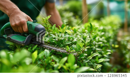 Person in green shirt is trimming hedge with electric hedge trimmer, focusing on precise gardening 128965345