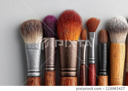 Ideal for beauty brands and product features. High-quality set of makeup brushes on a white background. Ideal for beauty brands and product features. High-quality set of makeup brushes on a white background. 128965427