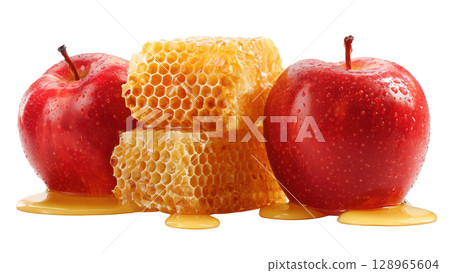 Red apples and golden honeycomb drip, created with AI, PNG 128965604