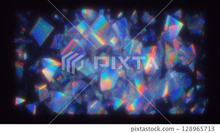 Iridescent shimmering holographic crystal facets on a black background 128965713