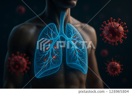 AI generated ultra realistic digital render of glowing blue lungs with red viruses floating around on dark background representing respiratory infection and medical technology 128965804