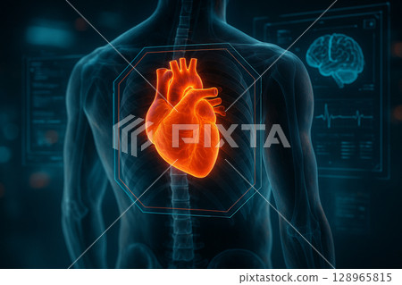 AI generated hyper detailed scan of human heart glowing in red orange tones inside a translucent torso with HUD graphics and digital diagnostic interface futuristic science style 128965815