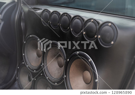 Powerful Car Audio Setup with Multiple Speakers for Enhanced Sound.  128965890