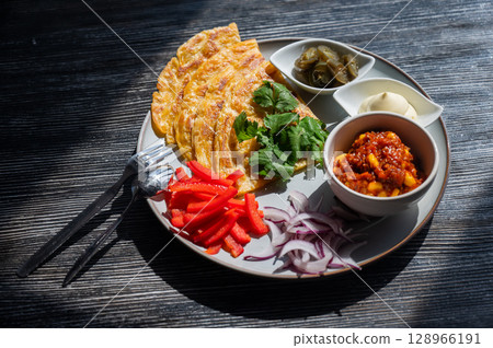 Top view of a plate of fajitas. Top view of a plate of fajitas. 128966191
