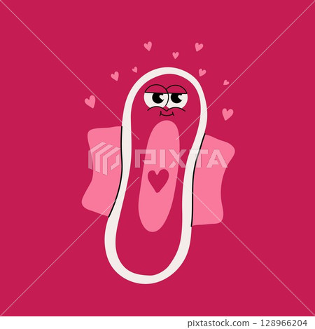 Smiling Sanitary Pad Cartoon. Body Positive Design with Hearts	 128966204