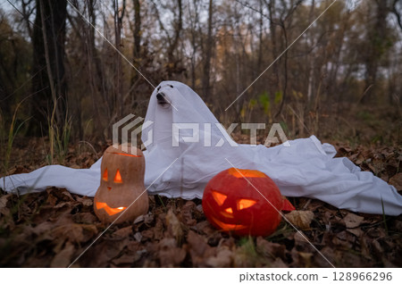 Jack Russell Terrier dog in a ghost costume for Halloween in the woods. Jack Russell Terrier dog in a ghost costume for Halloween in the woods. 128966296