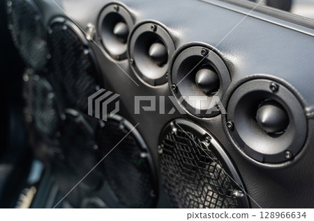 Detailed Close-Up of a Sports Car Gear Shift and Interior Features.  128966634
