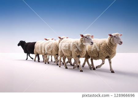 A flock of white sheep and a black sheep 128966696