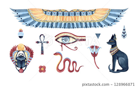 Set with Egyptian symbols, ancient religion icons. Bastet, Scarab beetle, wings, Eye of Horus, Ankh, snake, geometric figures, abstract lotus. Watercolor illustration art isolated from background Set with Egyptian symbols, ancient religion icons. Bastet, Scarab beetle, wings, Eye of Horus, Ankh, snake, geometric figures, abstract lotus. Watercolor illustration art isolated from background 128966871