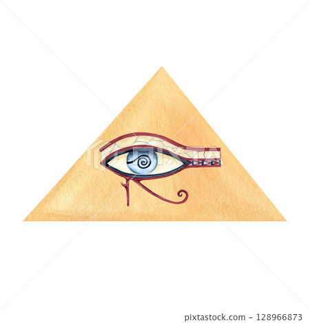 Egyptian abstract pyramid with eye of Horus. Ancient god, ornament wadjet, religion icon, symbol. Watercolor isolated illustration. African Arab culture concept for souvenir products design, logo 128966873