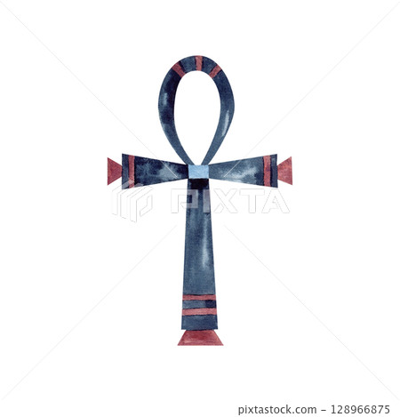Ankh ancient Egyptian religion symbol. Hieroglyph in form of cross, ornament isolated from background. Dark blue, red watercolor icon illustration for packaging, logo, decor, souvenir products design 128966875