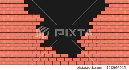 Brick wall hole. Broken red brick wall. Old building texture. Crack stone background. Graphic blocks frame. Vintage abstract vector illustration Brick wall hole. Broken red brick wall. Old building texture. Crack stone background. Graphic blocks frame. Vintage abstract vector illustration 128966915