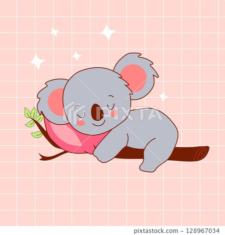 Cute Cartoon Sleeping Koala on Branch with Pink Pillow Cute Cartoon Sleeping Koala on Branch with Pink Pillow 128967034