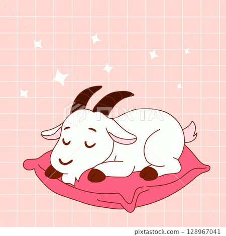 Kawaii Goat Sleeping Peacefully in Cartoon Style Kawaii Goat Sleeping Peacefully in Cartoon Style 128967041