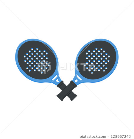 Padel tennis club flat icon. Team paddle rackets badge. Sport emblem with two tournament palas. Vector illustration isolated on transparent background Padel tennis club flat icon. Team paddle rackets badge. Sport emblem with two tournament palas. Vector illustration isolated on transparent background 128967243