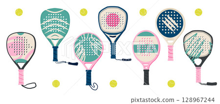 Padel tennis rackets and balls isolated. Various shapes palas equipment set. Diamond, round and teardrop shapes sports accessories collection. Vector flat illustration on white background 128967244