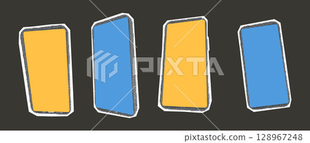 Halftone phones collage set. Cutout mobiles templates stickers for mixed media design. Pieces of newspaper smartphones with empty screen elements. Vector retro illustration on dark background Halftone phones collage set. Cutout mobiles templates stickers for mixed media design. Pieces of newspaper smartphones with empty screen elements. Vector retro illustration on dark background 128967248