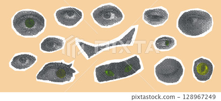 Halftone eyes and cats head collage set. Cutout elements for mixed media design. Pieces of newspaper or magazine elements. Vector retro illustration isolated on beige background Halftone eyes and cats head collage set. Cutout elements for mixed media design. Pieces of newspaper or magazine elements. Vector retro illustration isolated on beige background 128967249