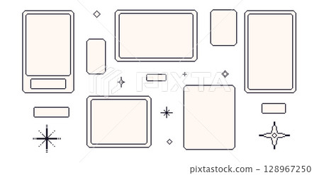 Pixel art frames set. 8 bit geometric borders. Rectangle text boxes in retro 90s style isolated on white background. Digital blanks with decoration. Vector collection illustration Pixel art frames set. 8 bit geometric borders. Rectangle text boxes in retro 90s style isolated on white background. Digital blanks with decoration. Vector collection illustration 128967250