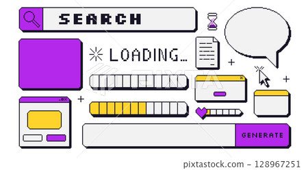 Pixel art windows interfaces and speech bubbles set . 8 bit frames and game icons. 90s callouts and internet elements. Loading bar, search and border with cursors collection. Vector illustration Pixel art windows interfaces and speech bubbles set . 8 bit frames and game icons. 90s callouts and internet elements. Loading bar, search and border with cursors collection. Vector illustration 128967251
