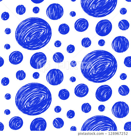 Seamless pattern with grunge textured big and small circles. Marker polka dots endless background. Blue and white grunge dot repeat cover. Round continuous ornament. Vector textured illustration Seamless pattern with grunge textured big and small circles. Marker polka dots endless background. Blue and white grunge dot repeat cover. Round continuous ornament. Vector textured illustration 128967252