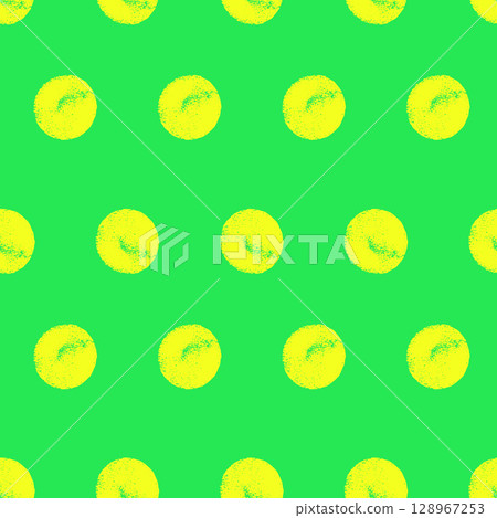 Seamless pattern bold colors stencil circles. Charcoal polka dots endless background. Electric green and neon yellow grunge dot cover. Round abstract continuous ornament. Vector textured illustration Seamless pattern bold colors stencil circles. Charcoal polka dots endless background. Electric green and neon yellow grunge dot cover. Round abstract continuous ornament. Vector textured illustration 128967253