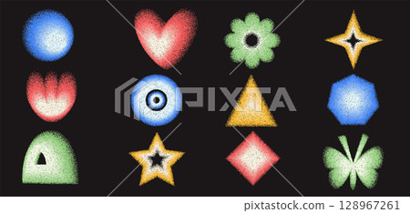 Neon noise gradient geometric shapes set. Y2k retro grain heart, butterfly and circle with flower. Colorful bright gradation star, crown on dark background. Trendy textured forms. Vector illustration 128967261