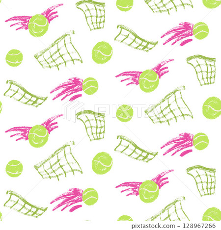 Seamless pattern tennis net and balls wax crayon. Dynamic padel tennis ball shot endless background. Sport court repeat cover. Surface pattern design fitness motif. Vector hand drawn illustration 128967266