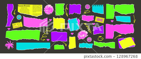 Set of torn punk papers with flowers cutouts. Tear vibrant sheet pieces with arrows and pixels. Blanks with uneven textured edges. Empty colorful callout for text. Vector hand drawn illustration 128967268