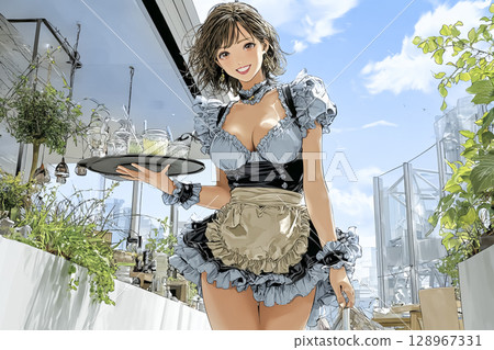 A cup delivered to you ♡ A scene of a beautiful maid with a dazzling smile serving food Illustration 128967331