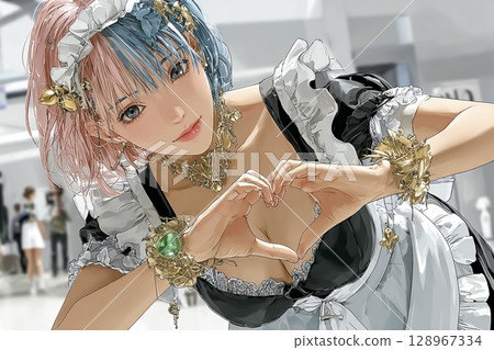 女僕咖啡廳裡擺出愛心手勢的魅力年輕女子的插畫素材 128967334
