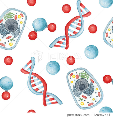 Seamless pattern with DNA molecules and cells. Watercolor hand drawn illustration, cartoon. Drawing for sticker, poster. science, school, laboratory, biology, chemistry, research, back to school Seamless pattern with DNA molecules and cells. Watercolor hand drawn illustration, cartoon. Drawing for sticker, poster. science, school, laboratory, biology, chemistry, research, back to school 128967341